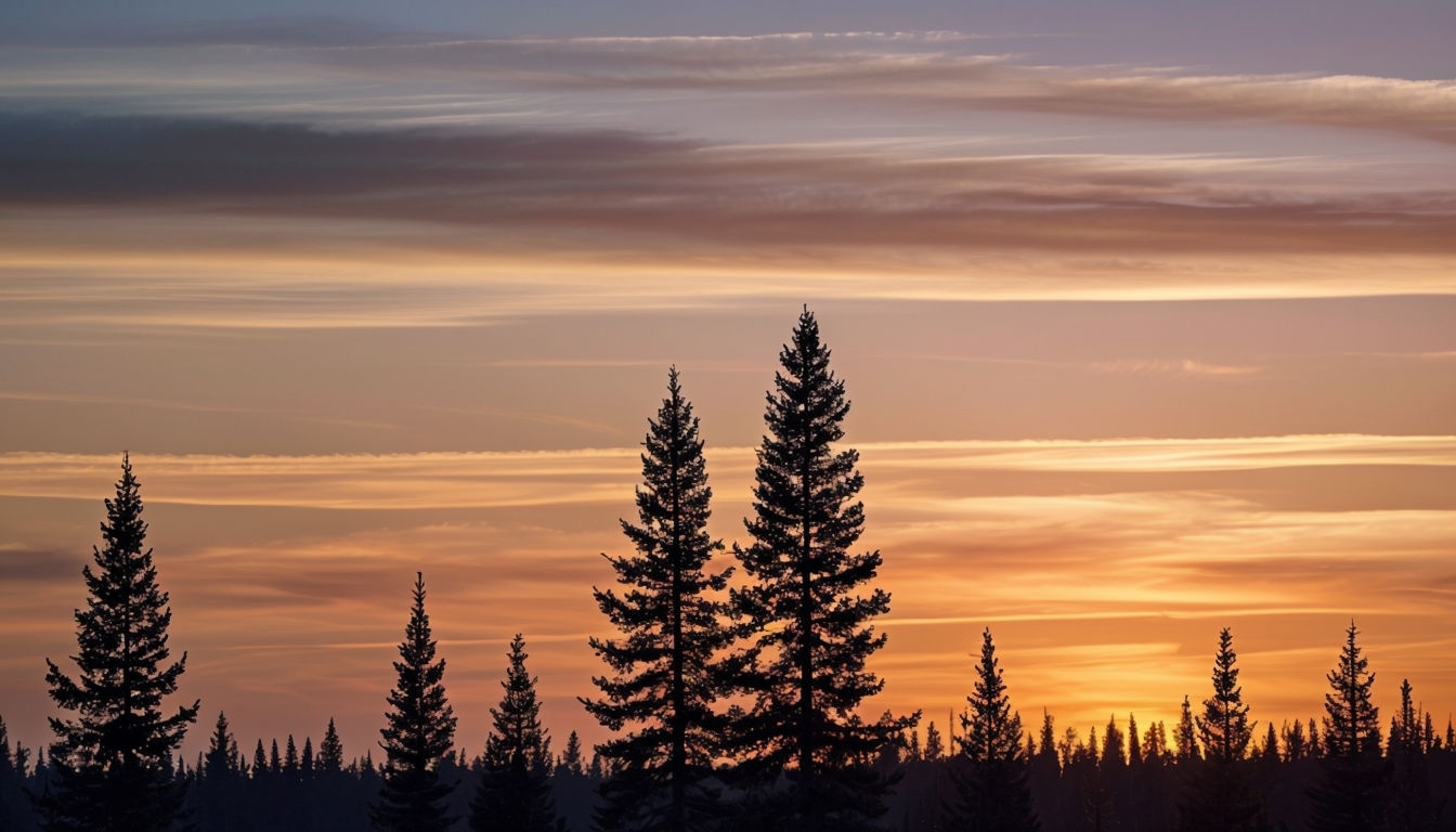 Serene Sunset Over Evergreen Forest Panoramic Background