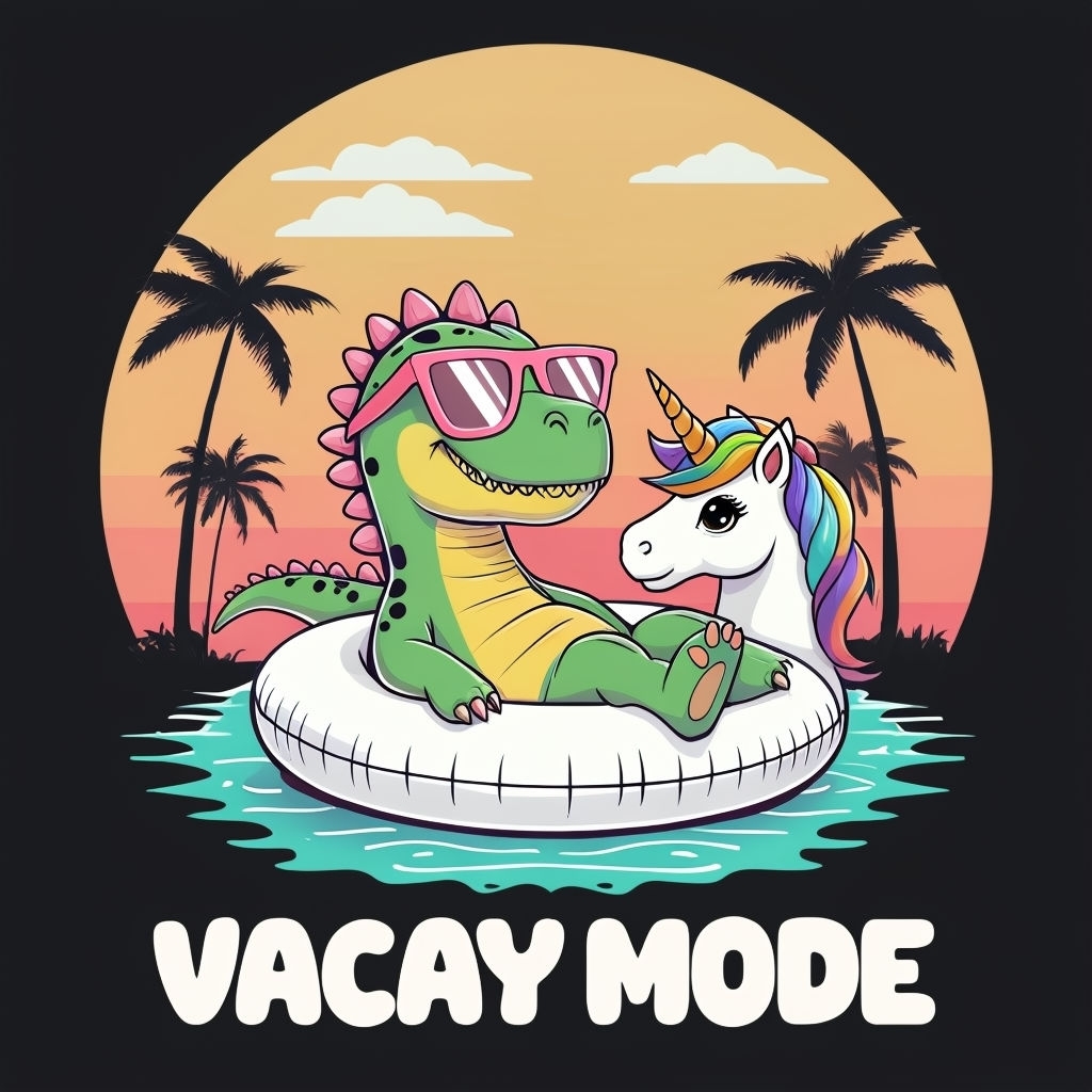 Cheerful Dinosaur on Unicorn Float with Tropical Sunset Poster