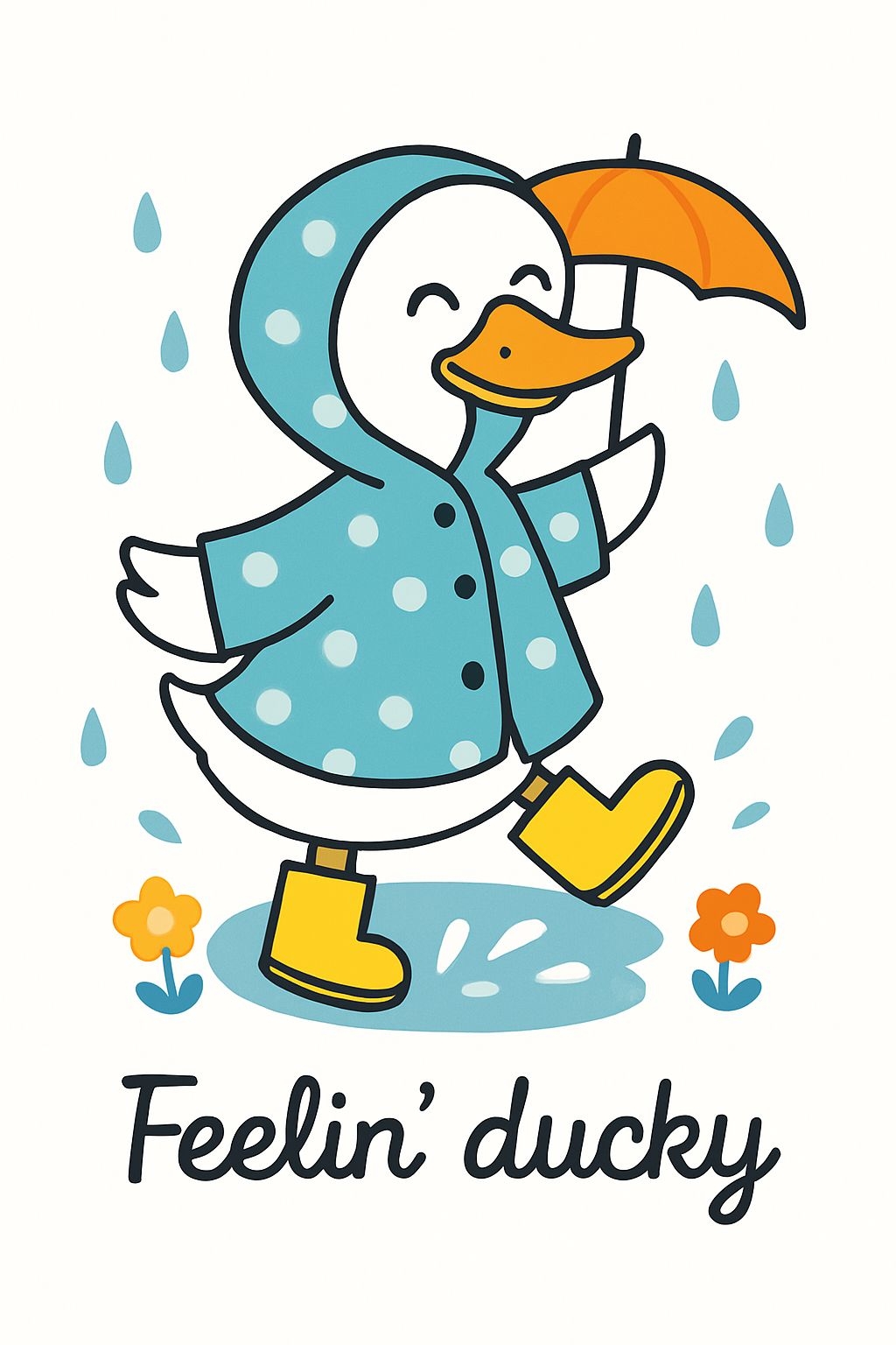Cheerful Cartoon Duck in Rain with Umbrella Illustration Poster