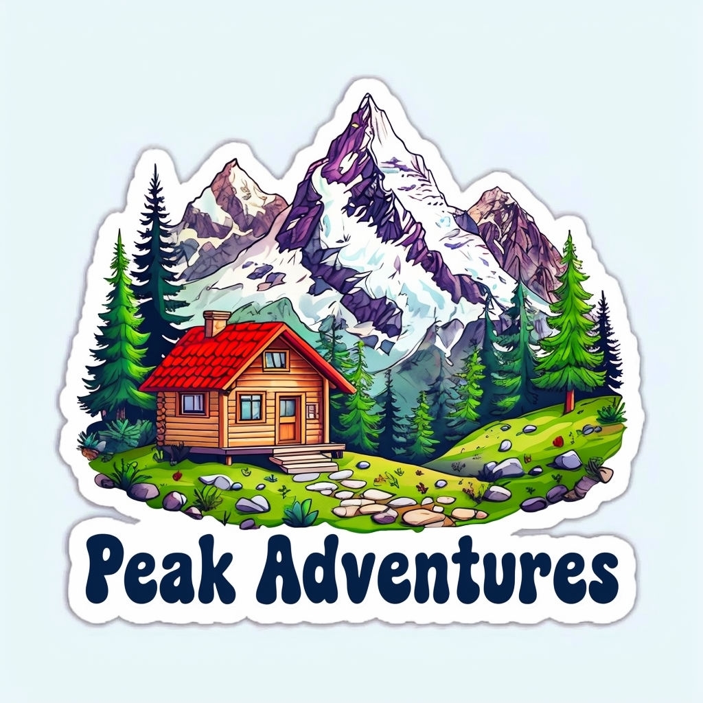 Serene Wooden Cabin with Snow-Capped Mountains Sticker