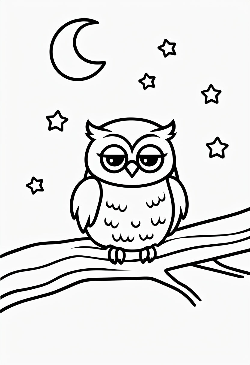 Sleepy Owl on Branch Under Moonlight Coloring Book Page