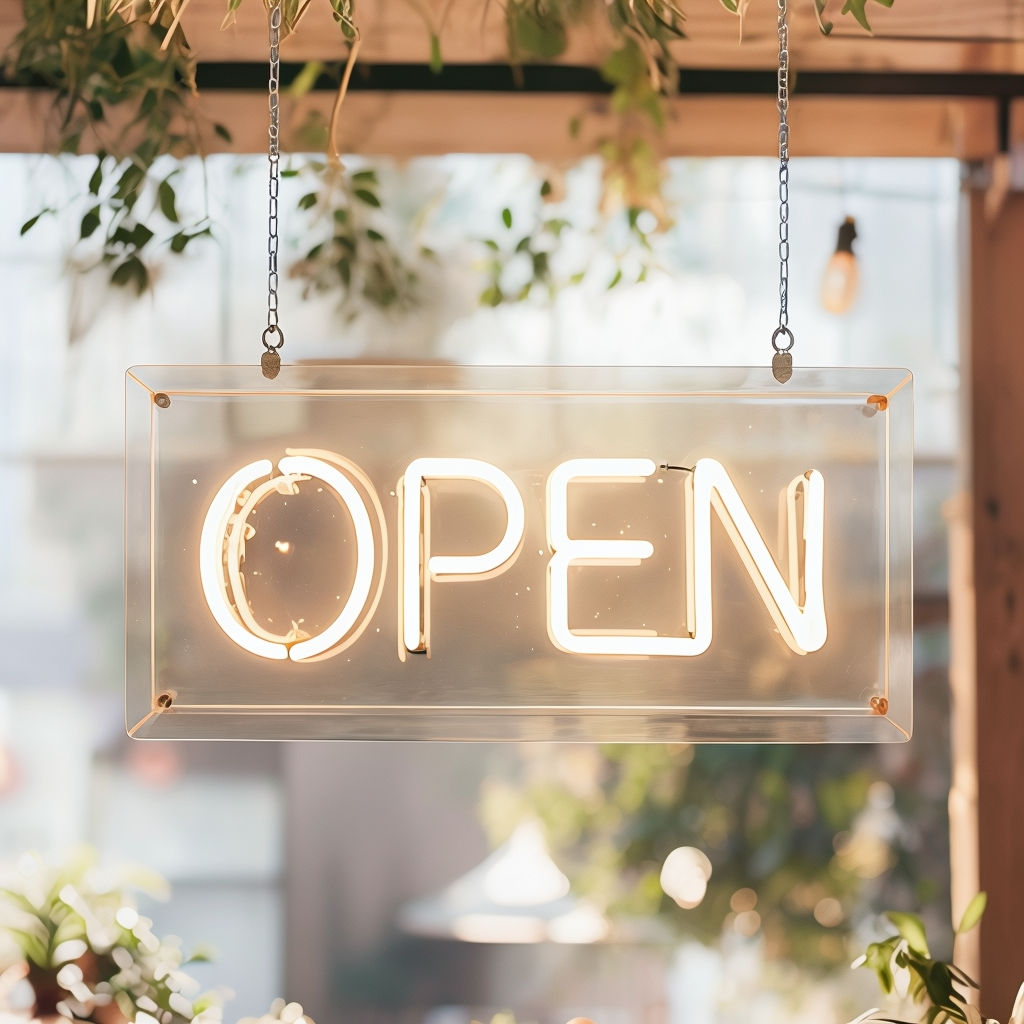 Bright Neon 'OPEN' Sign in Inviting Outdoor Setting Photograph Social Media Post