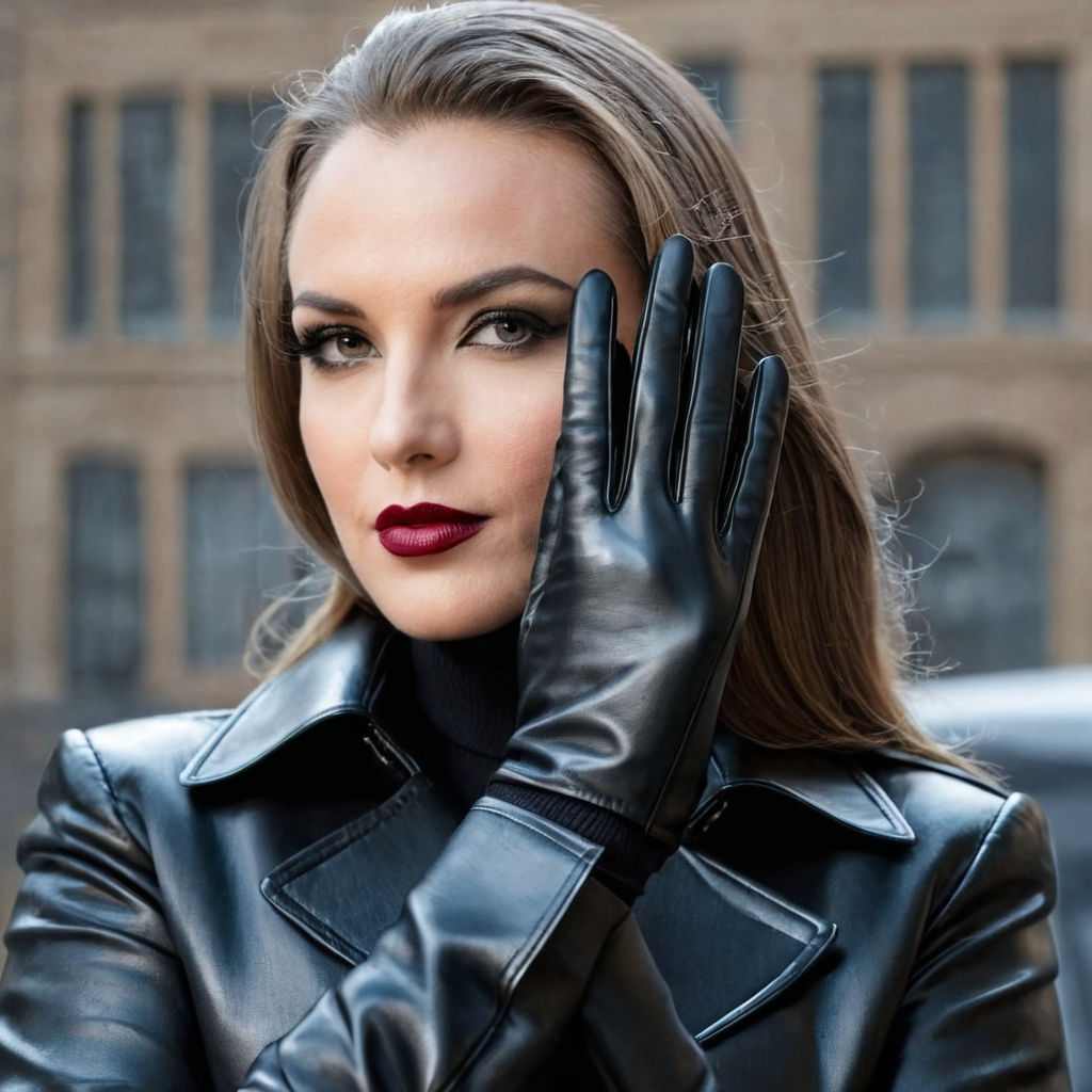 accentuated with black leather gloves and sneakers. Her determined gaze  adds an aura of intensity to this breathtaking composition.