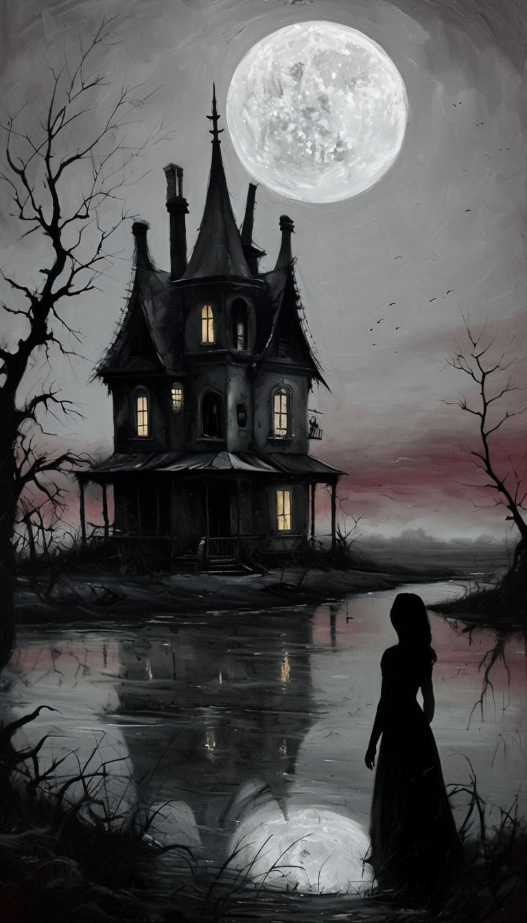 Eerie Tim Burton Style House Night Scene Art