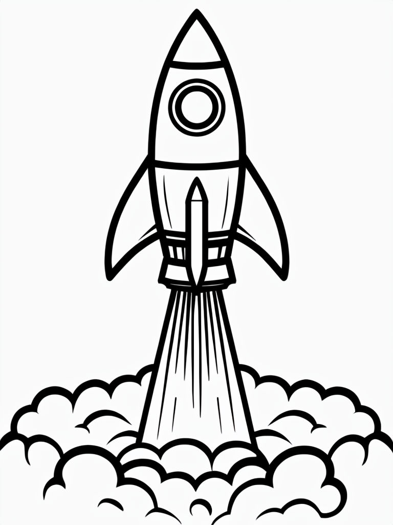 Minimalist Black Line Drawing of a Rocket Ship Coloring Book Page