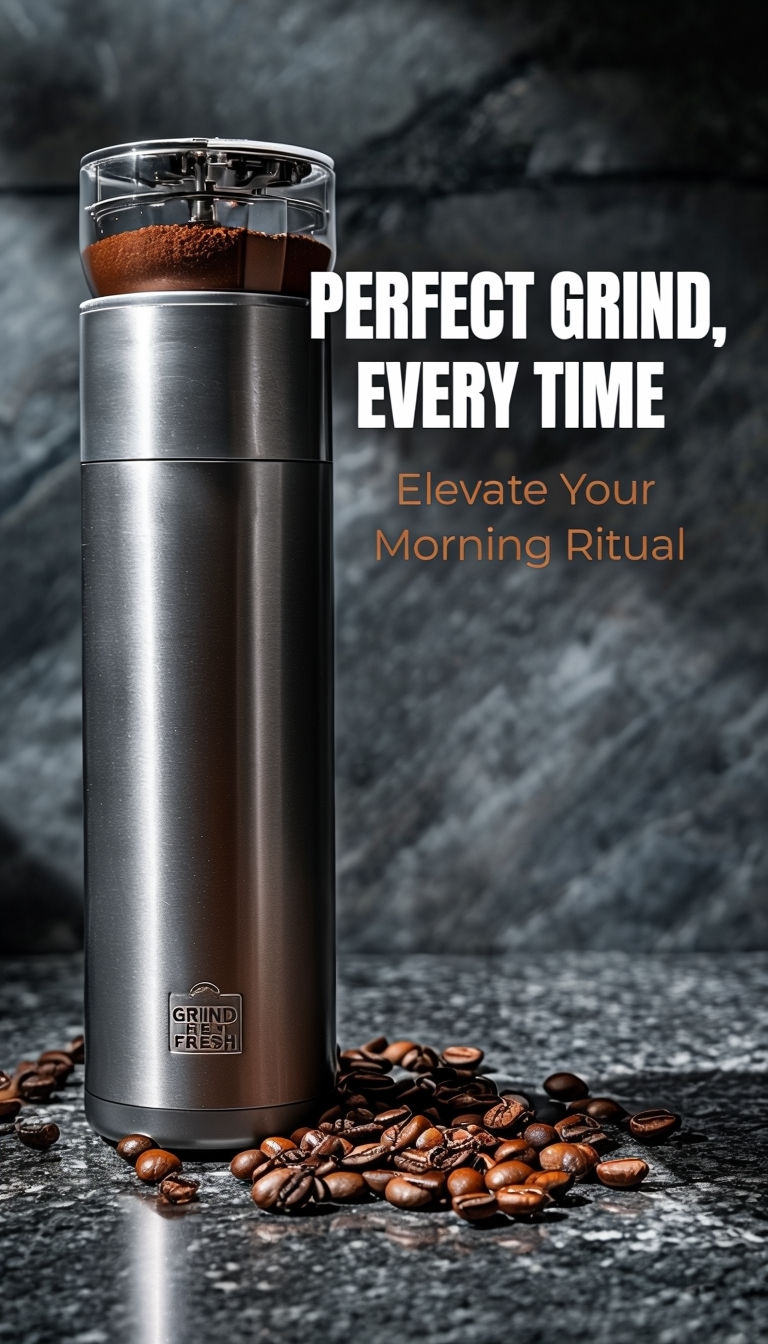 Sleek Silver Portable Coffee Grinder with Fresh Grind Promise Ads