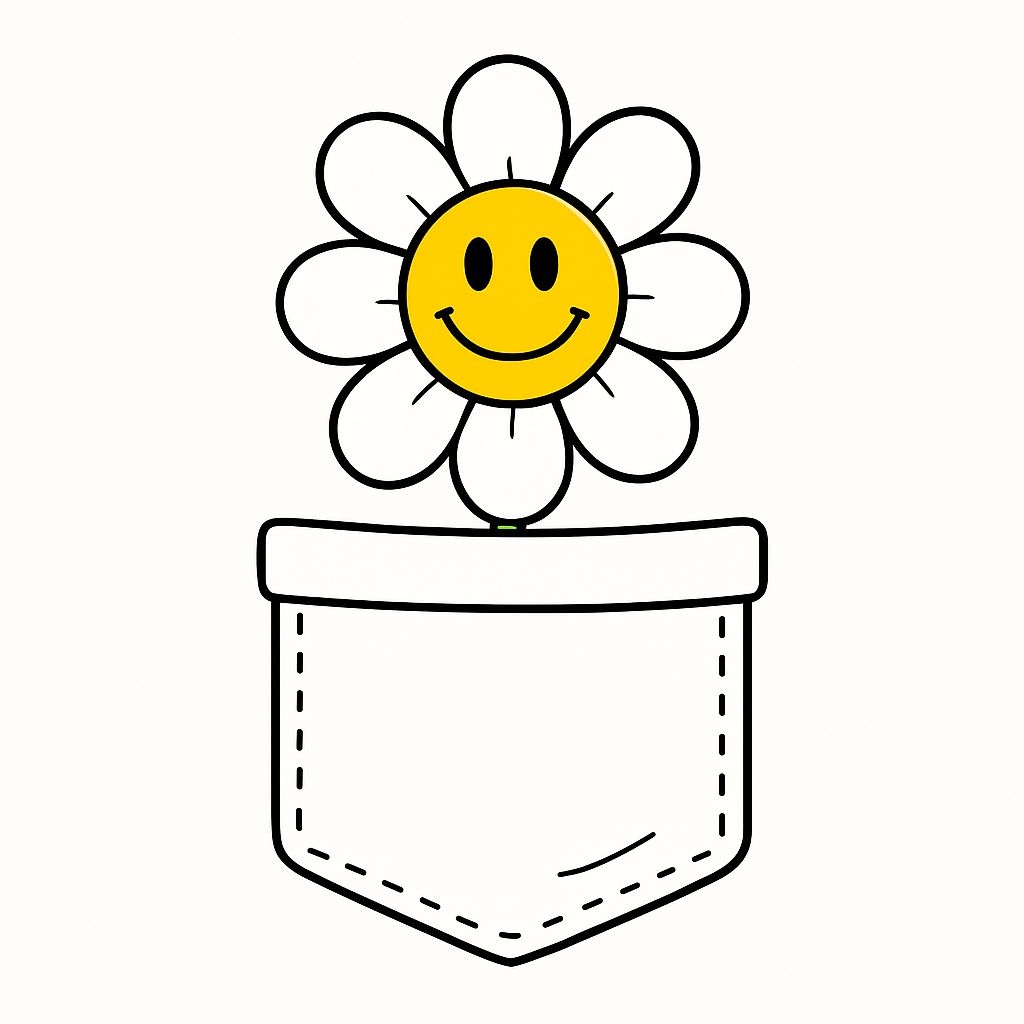Happy Daisy Cartoon Illustration Emerging from Pocket T-Shirt