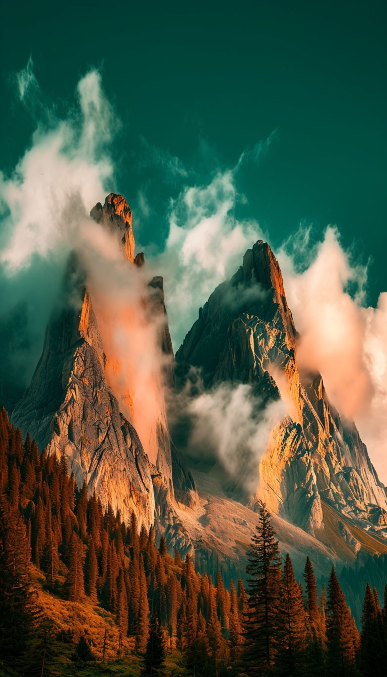 Majestic Mountain Landscape with Ethereal Clouds and Forest Mobile Wallpaper