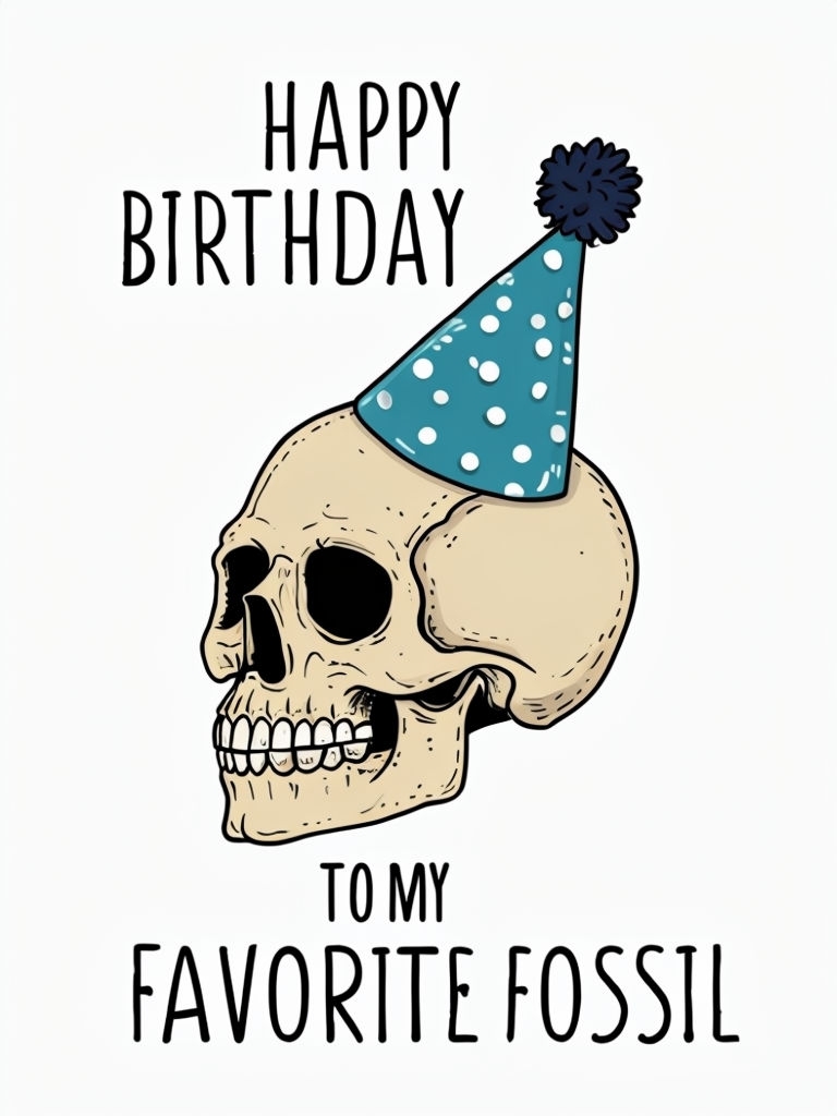 Humorous Birthday Skull Illustration with Playful Party Hat Card