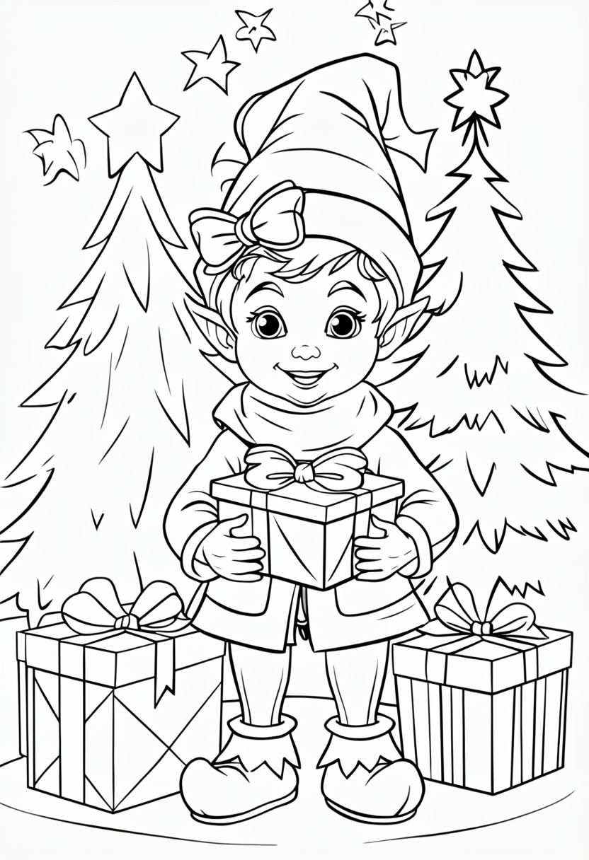 Cheerful Christmas Elf with Gifts Coloring Book Page