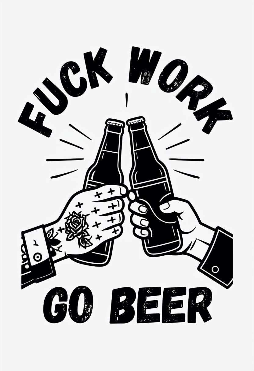 Vintage Tattoo Style Fuck Work Beer Illustration T-Shirt