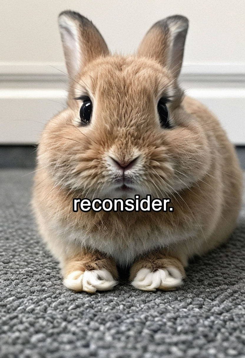 Adorable Light Brown Bunny Close-Up Photograph with 'Reconsider' Text Art