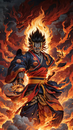 Japanese god with six arms asura surrounded by fire by steven luu ...