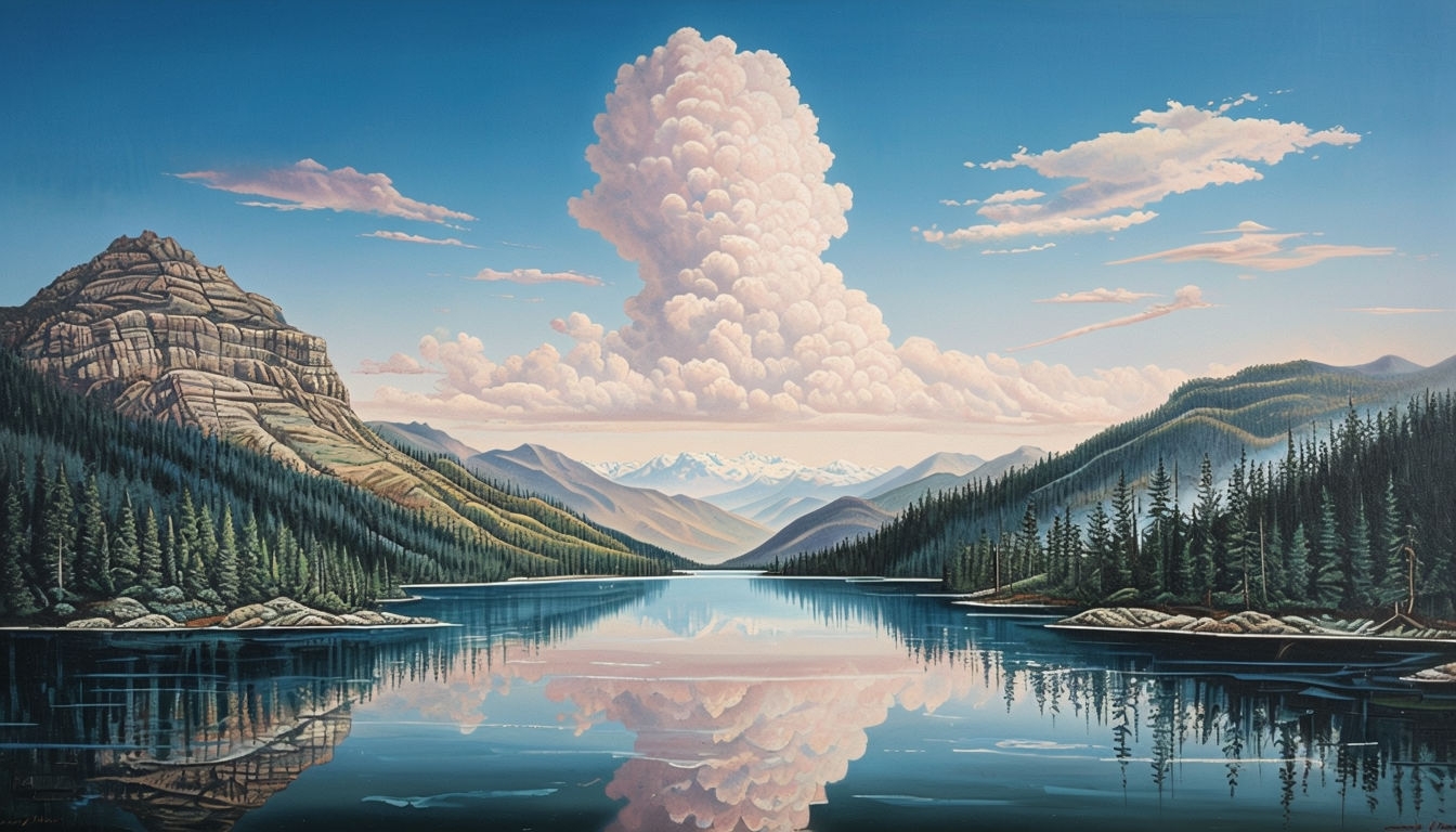 Serene Realistic Lake Landscape Painting for Virtual Backgrounds