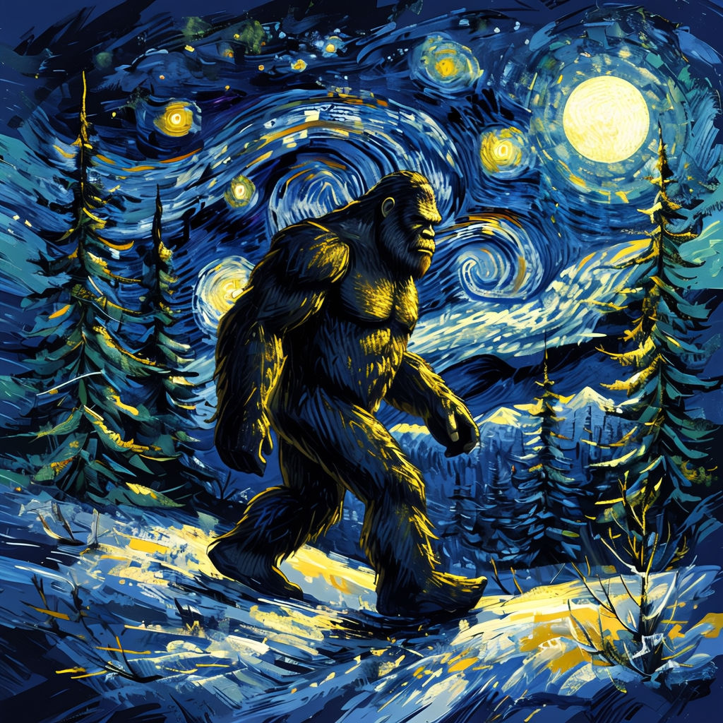 Sasquatch Under the Starry Night: A Van Gogh Inspired Art Piece