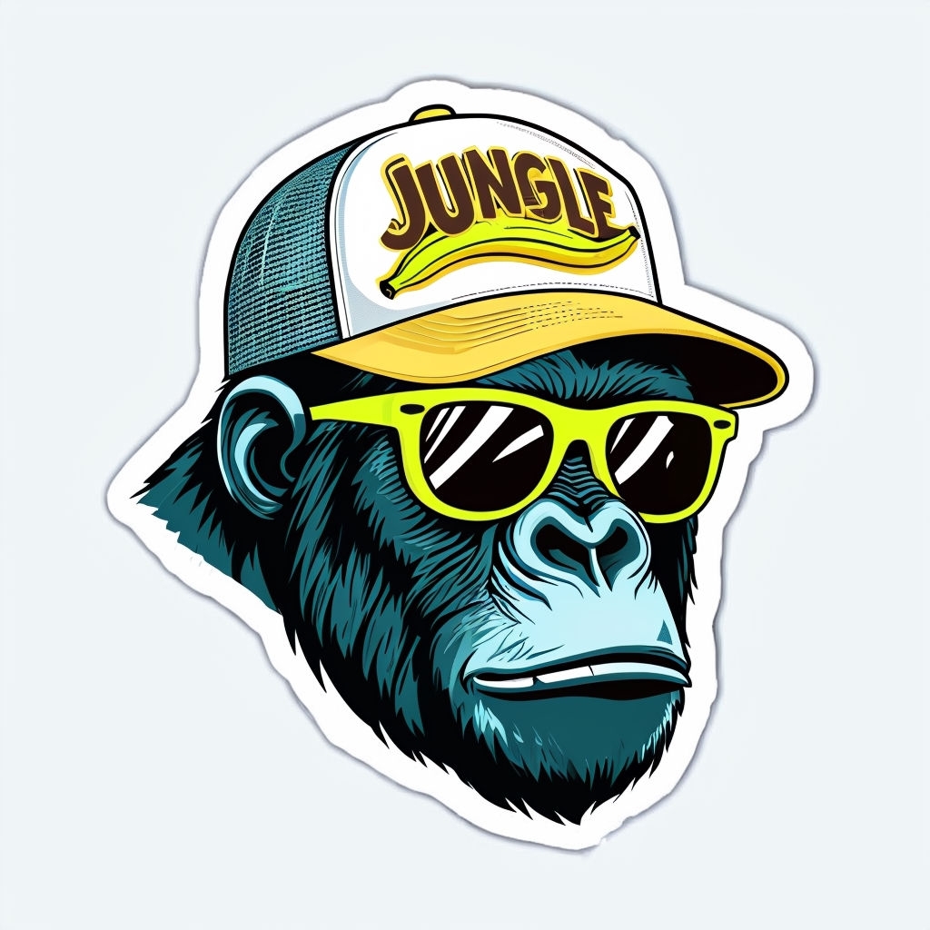 Vibrant Retro Gorilla Face Sticker with Trucker Cap and Banana