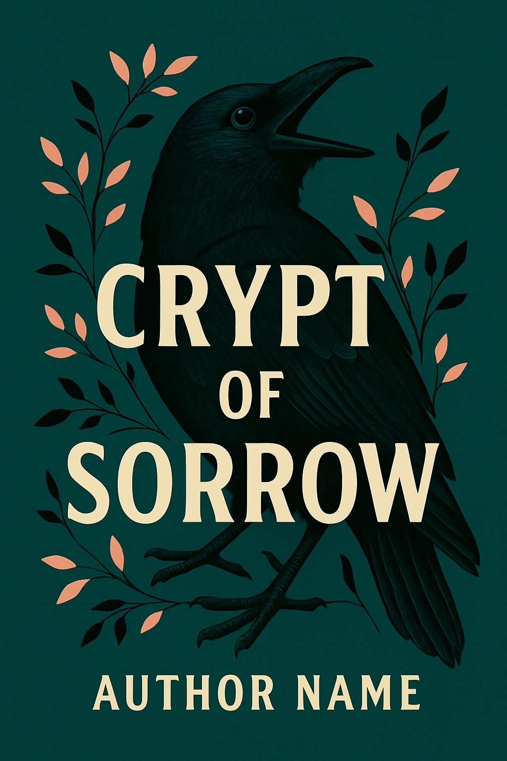 Mysterious Dark Teal Crow Illustration for Crypt of Sorrow EBook Cover