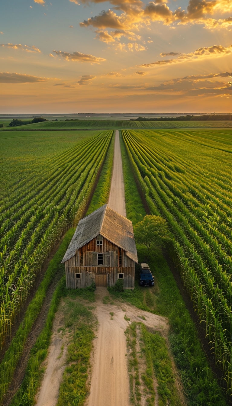 Serene Sunset Over Rural Barn and Lush Cornfields Mobile Wallpaper