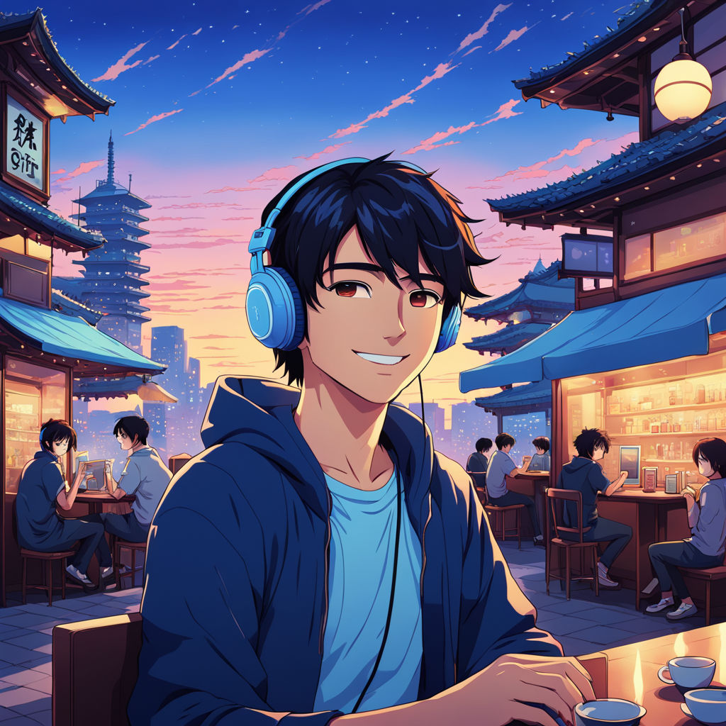 A lofi anime style depiction of a youthful smile man by gini baek