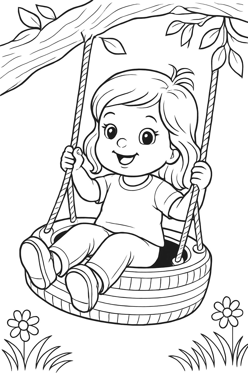 Joyful Cartoon Child on Tire Swing Black and White Coloring Page