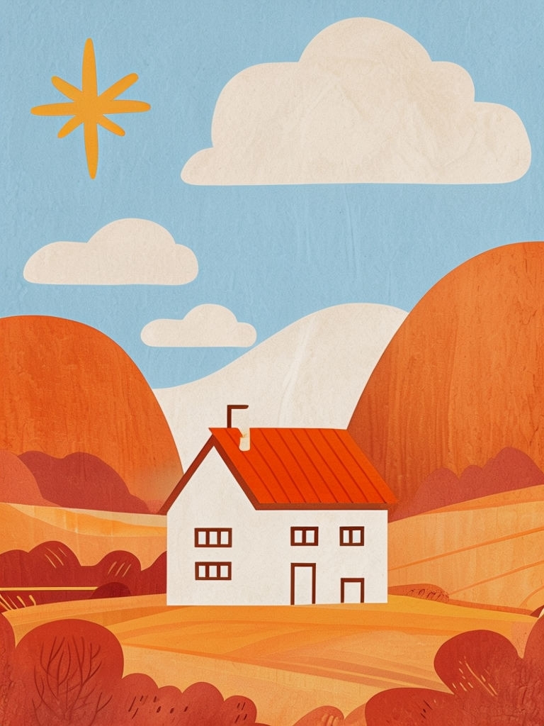 Minimalist Autumn Rural Landscape with White House Illustration Art