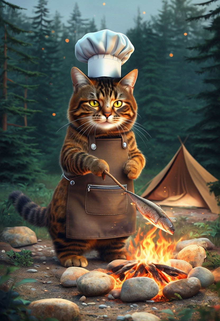 Whimsical Tabby Cat Chef Roasting Fish at Campsite Art Poster