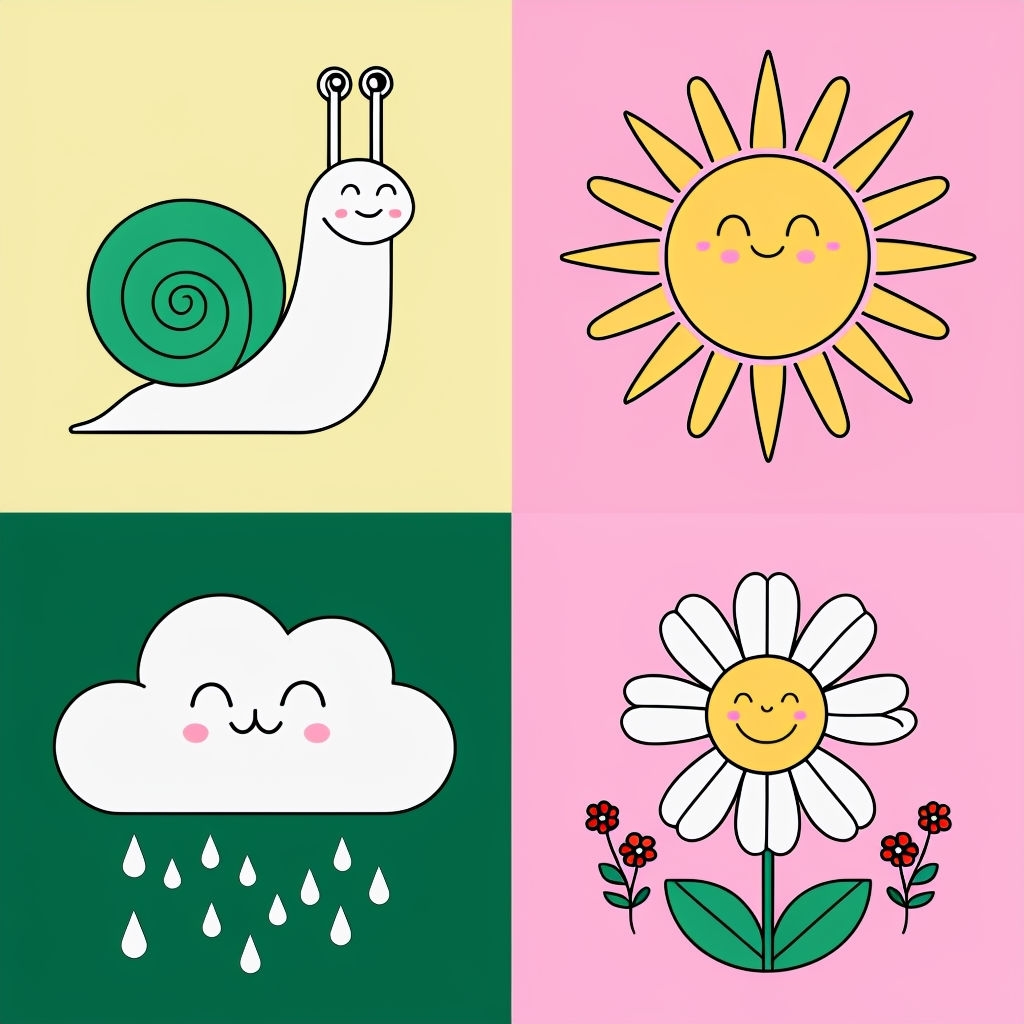 Whimsical Cartoon Characters Vibrant Four-Panel Illustration Seamless Pattern
