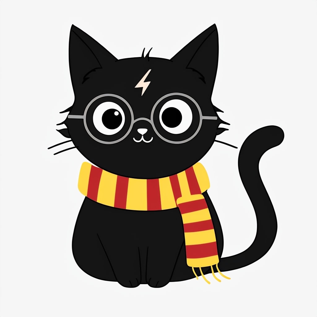 Cute Black Cat with Glasses and Scarf Cartoon Sticker