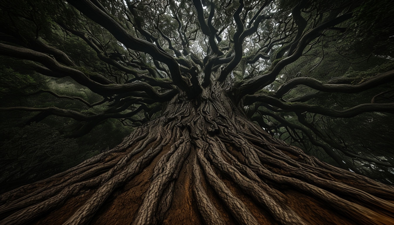Mysterious Canopy of a Colossal Gnarled Tree Virtual Backgrounds
