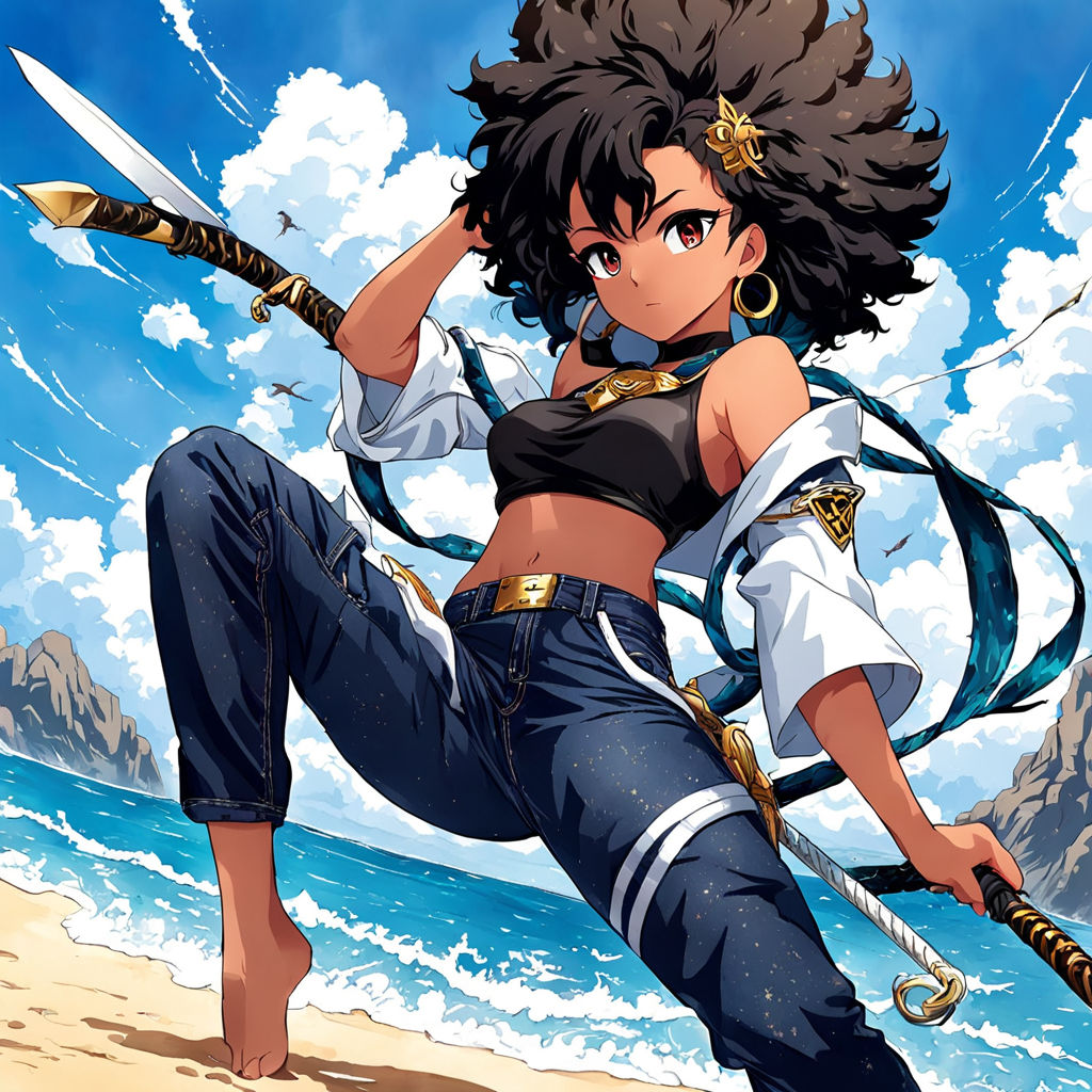 anime girl tomboy full body muscle tanned skin at the beach anime