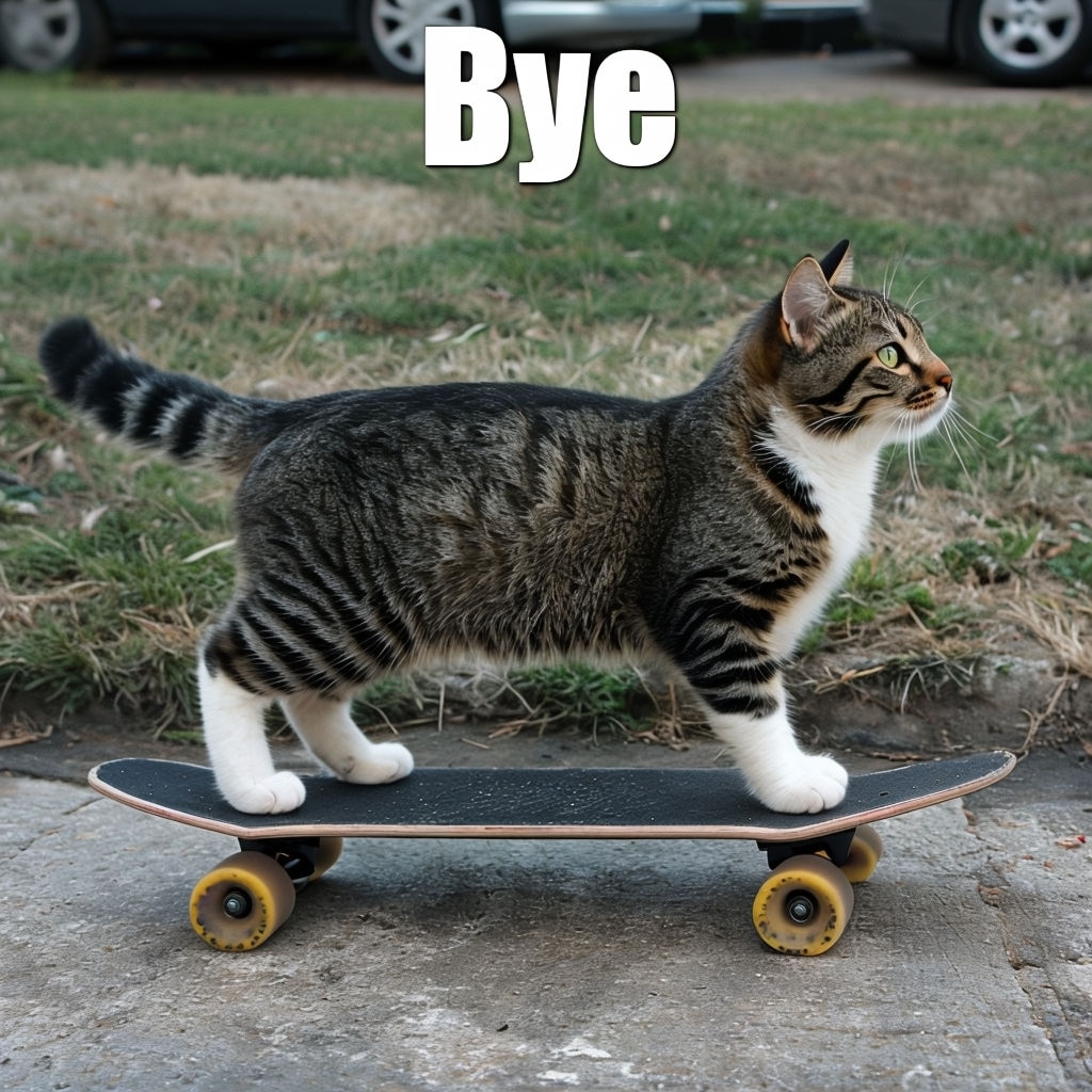 Confident Tabby Cat Skateboarding with 'Bye' Text Meme