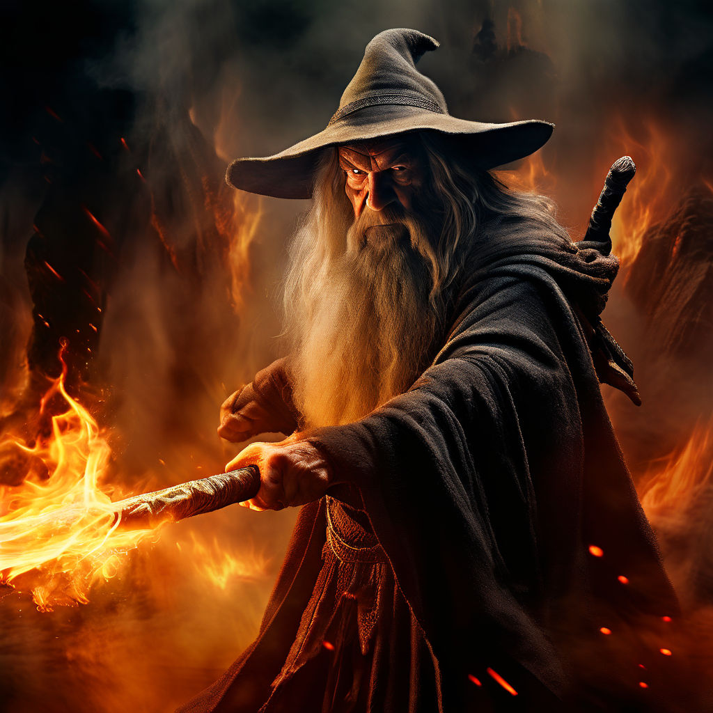 Create an image depicting Gandalf the Grey engaged in a fier... by ...