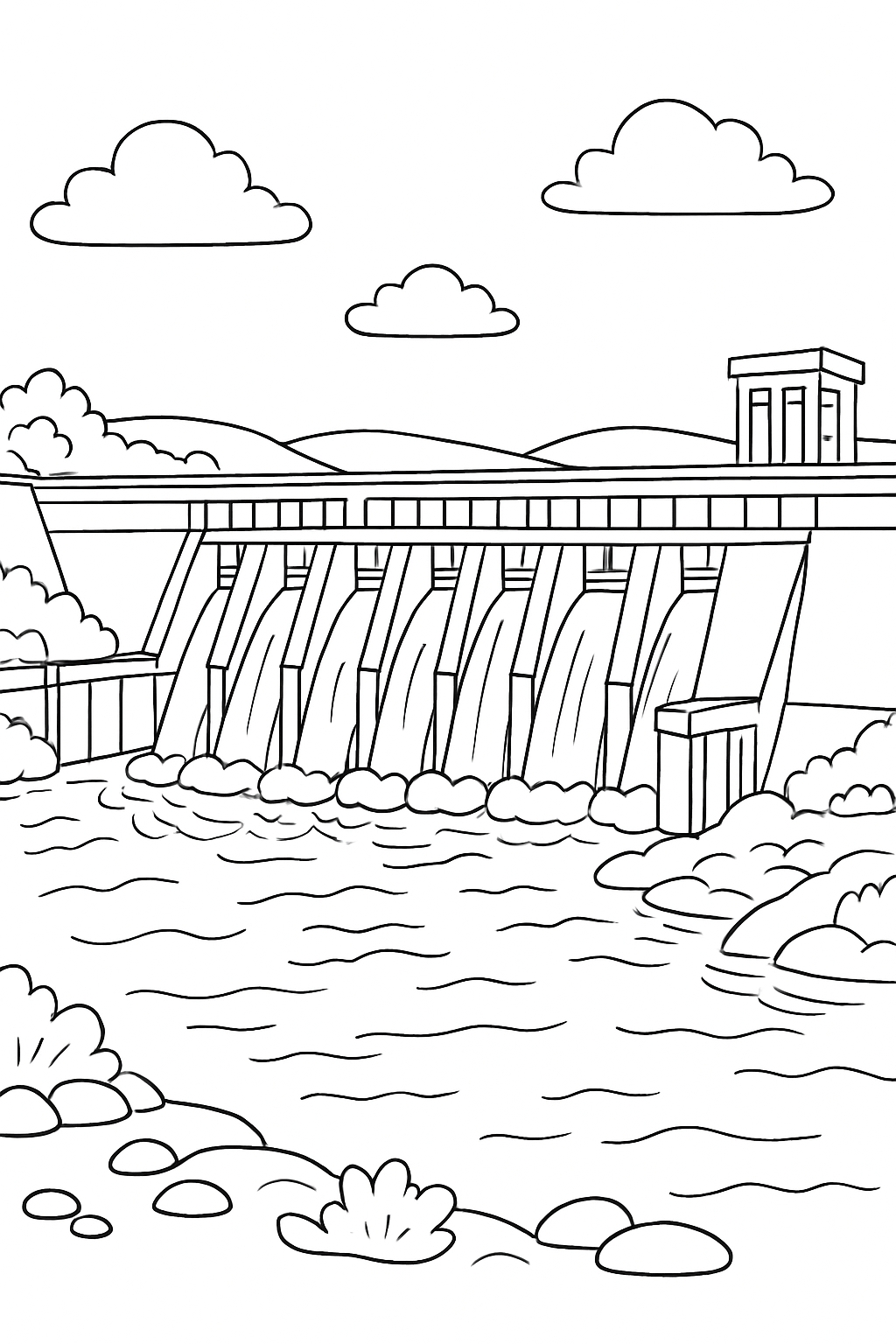 Serene Black and White Dam Landscape Illustration Coloring Book Pages