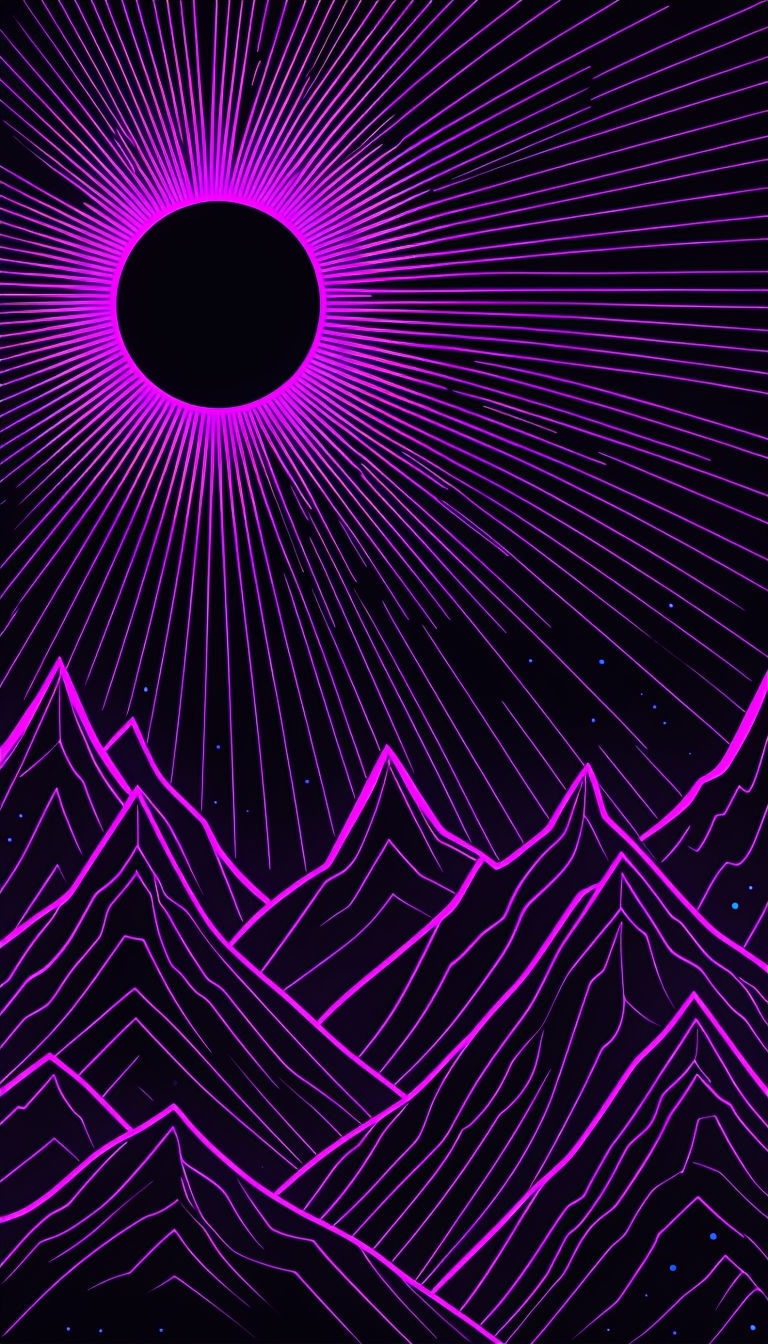 Psychedelic Neon Purple Sun and Mountain Peaks Digital Art Mobile Wallpaper