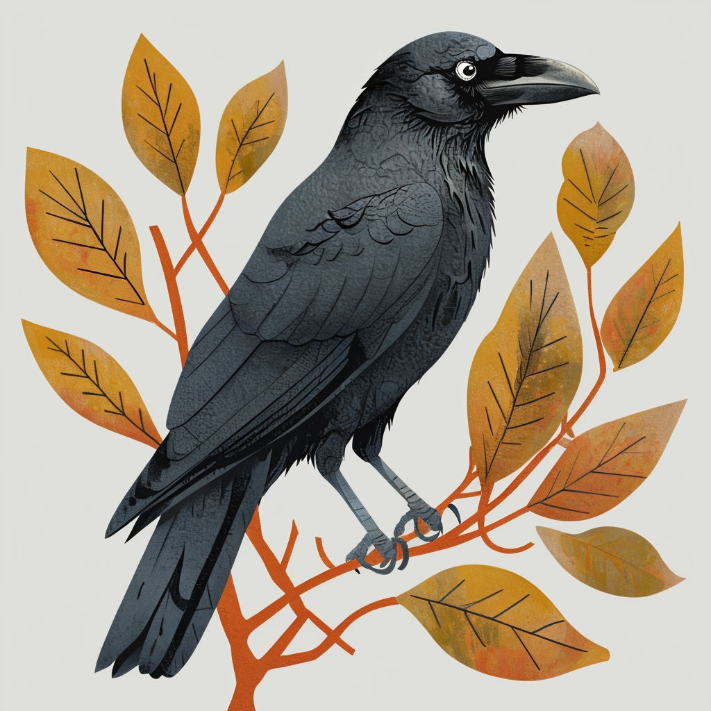 Minimalist Crow on Branches Illustration Art