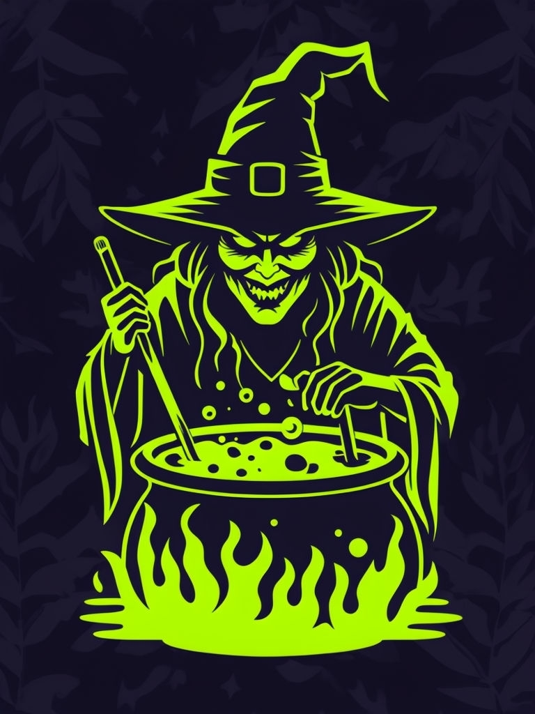 Ominous Witch Stirring Cauldron Digital Illustration Art