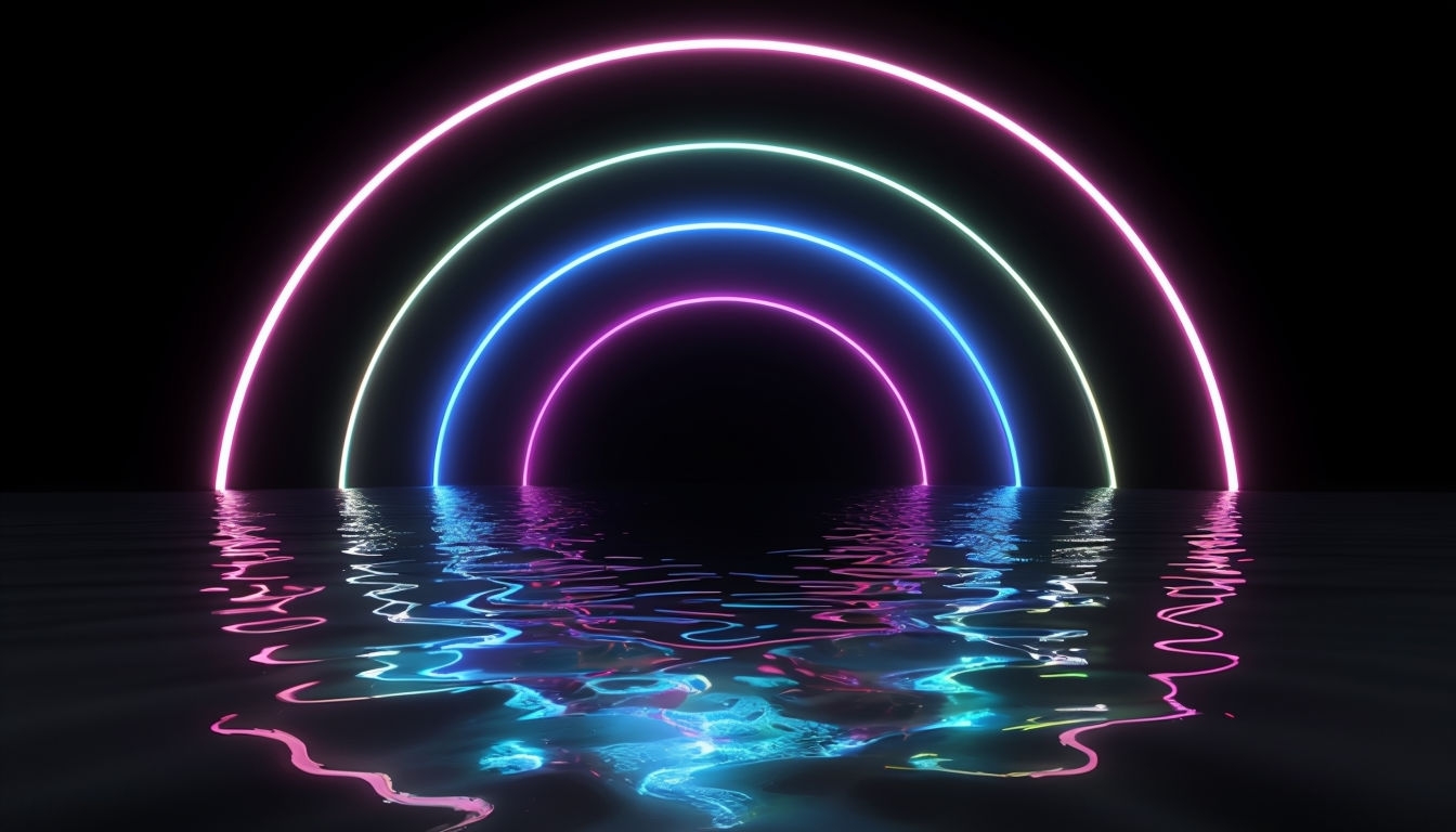Futuristic Neon Tunnel Landscape with Reflective Water Background
