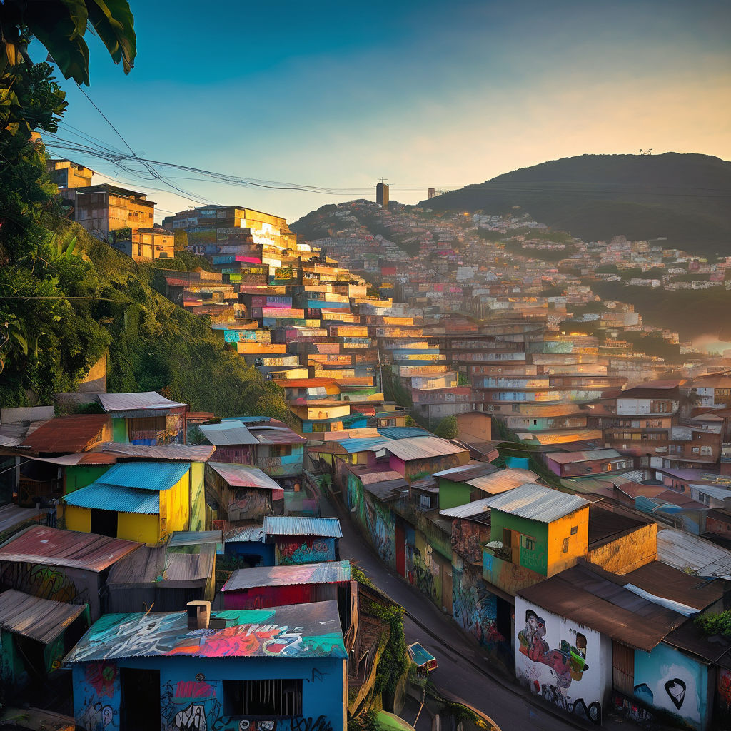 Sunrise casts a soft warm glow over the tin-roofed favela ho... by ...