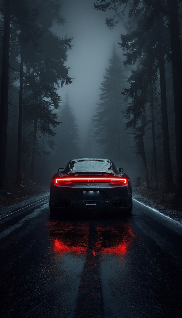 Dramatic Dark Sports Car in Foggy Forest at Night Mobile Wallpaper