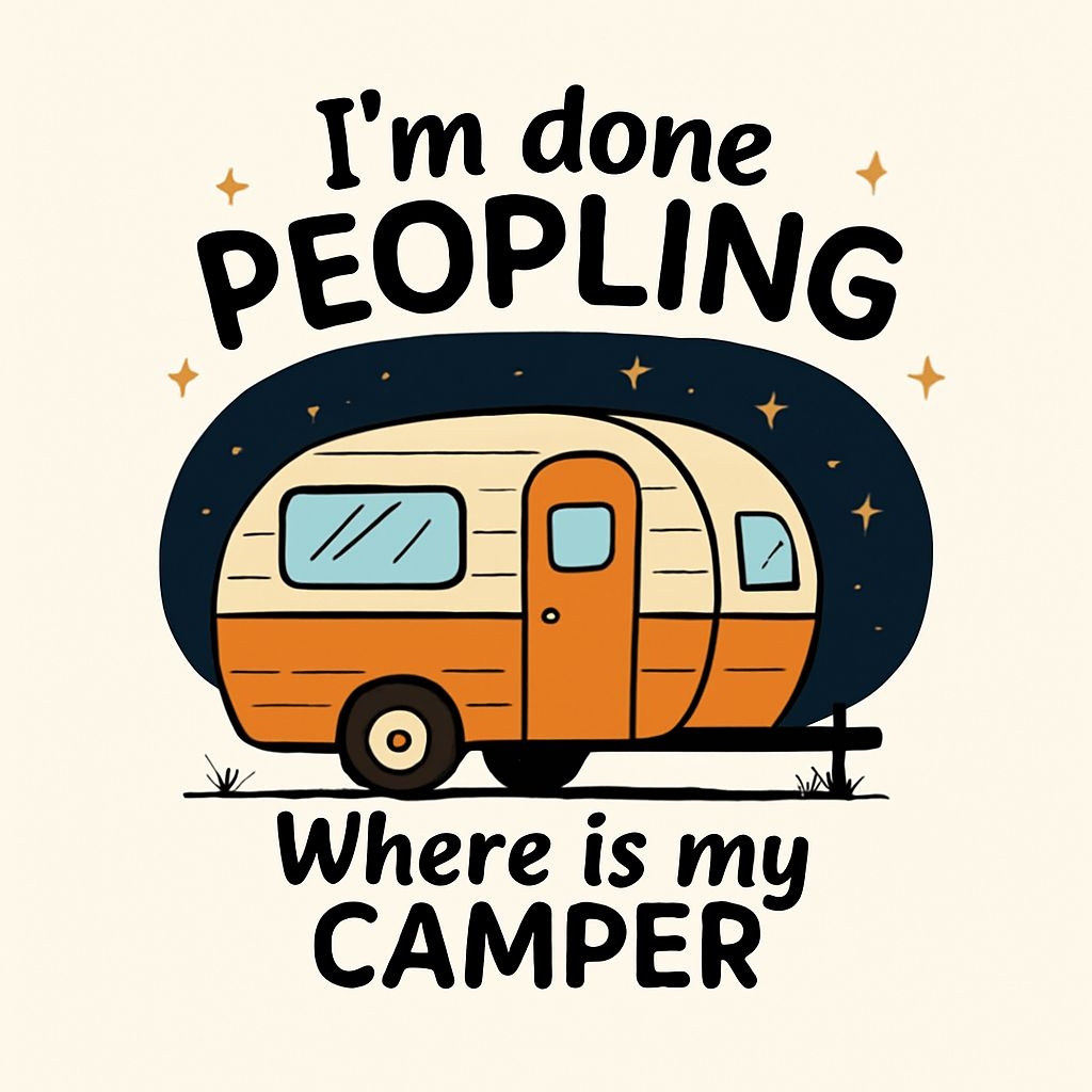 Whimsical Retro Camper Illustration with Fun Text Sticker