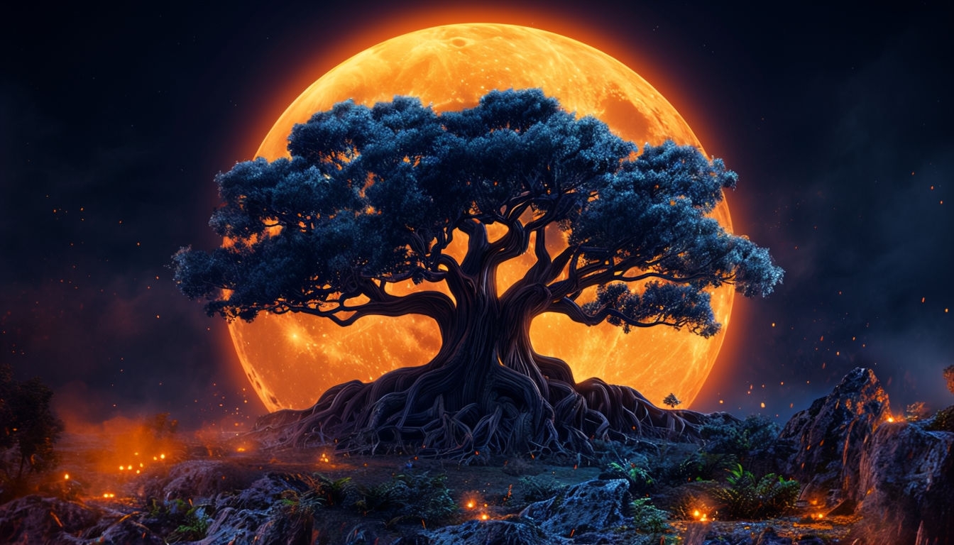 Majestic Ancient Tree with Radiant Orange Moon Background