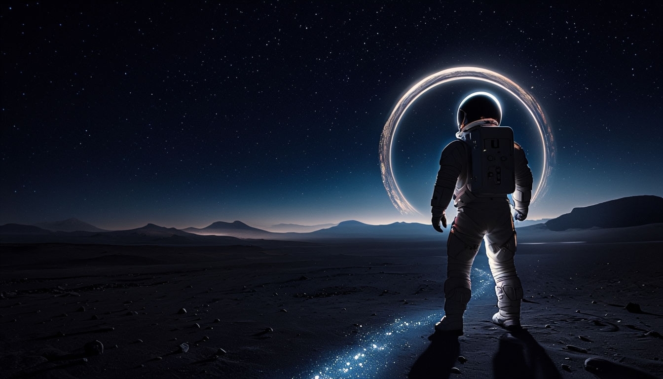 Surreal Astronaut on Alien Landscape Under Starry Night Sky Background