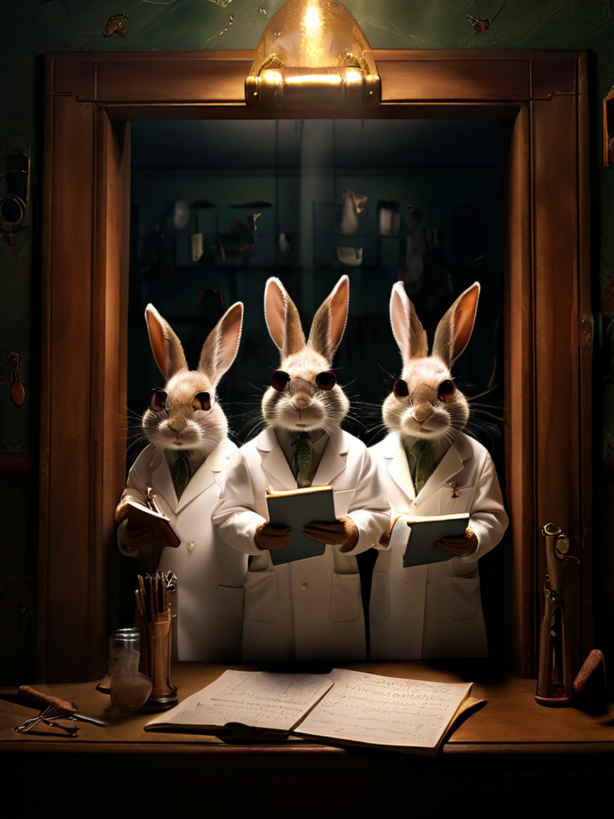A door opens half way to reveal a room full of rabbits weari... by ...