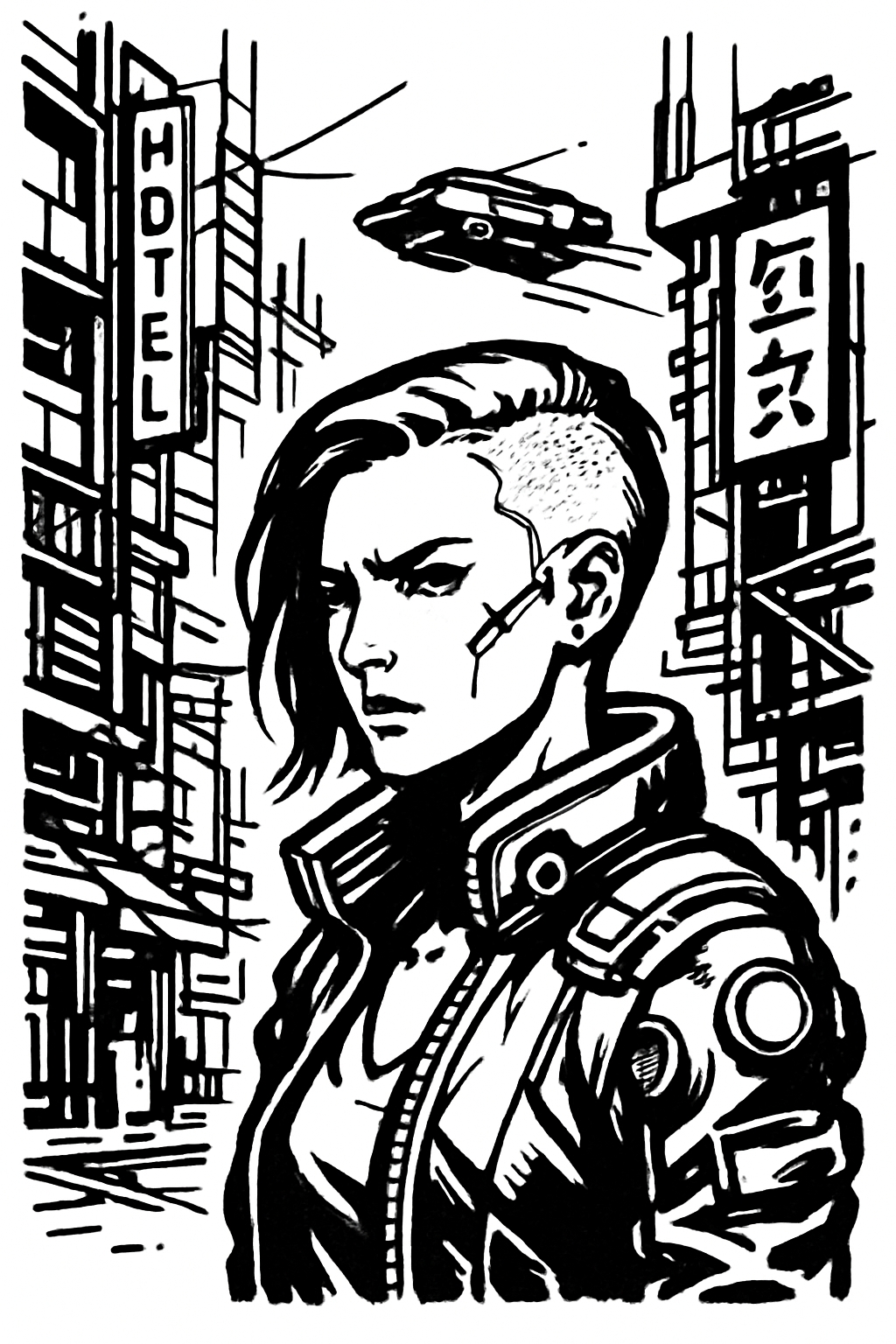 Futuristic Cyberpunk Female Character Close-Up Coloring Page