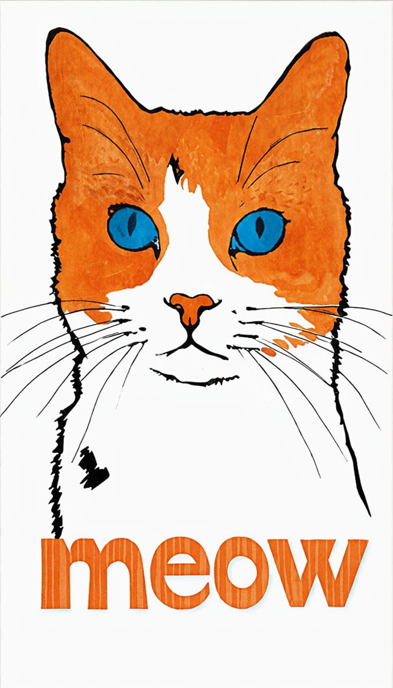 Vibrant Cat Portrait with Whimsical Meow Text Sticker