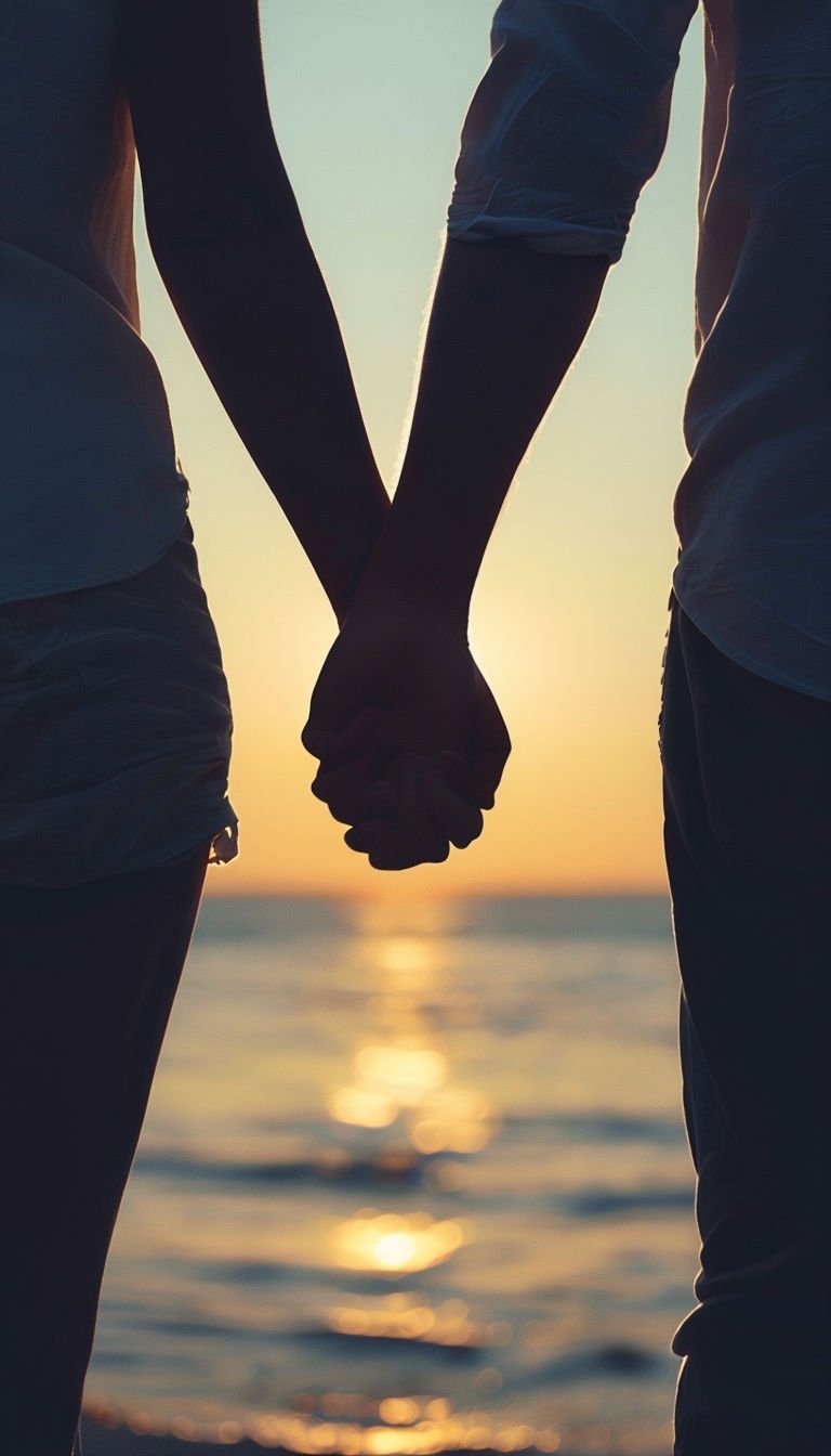 Silhouettes of Couple Holding Hands at Sunset Beach Mobile Wallpaper