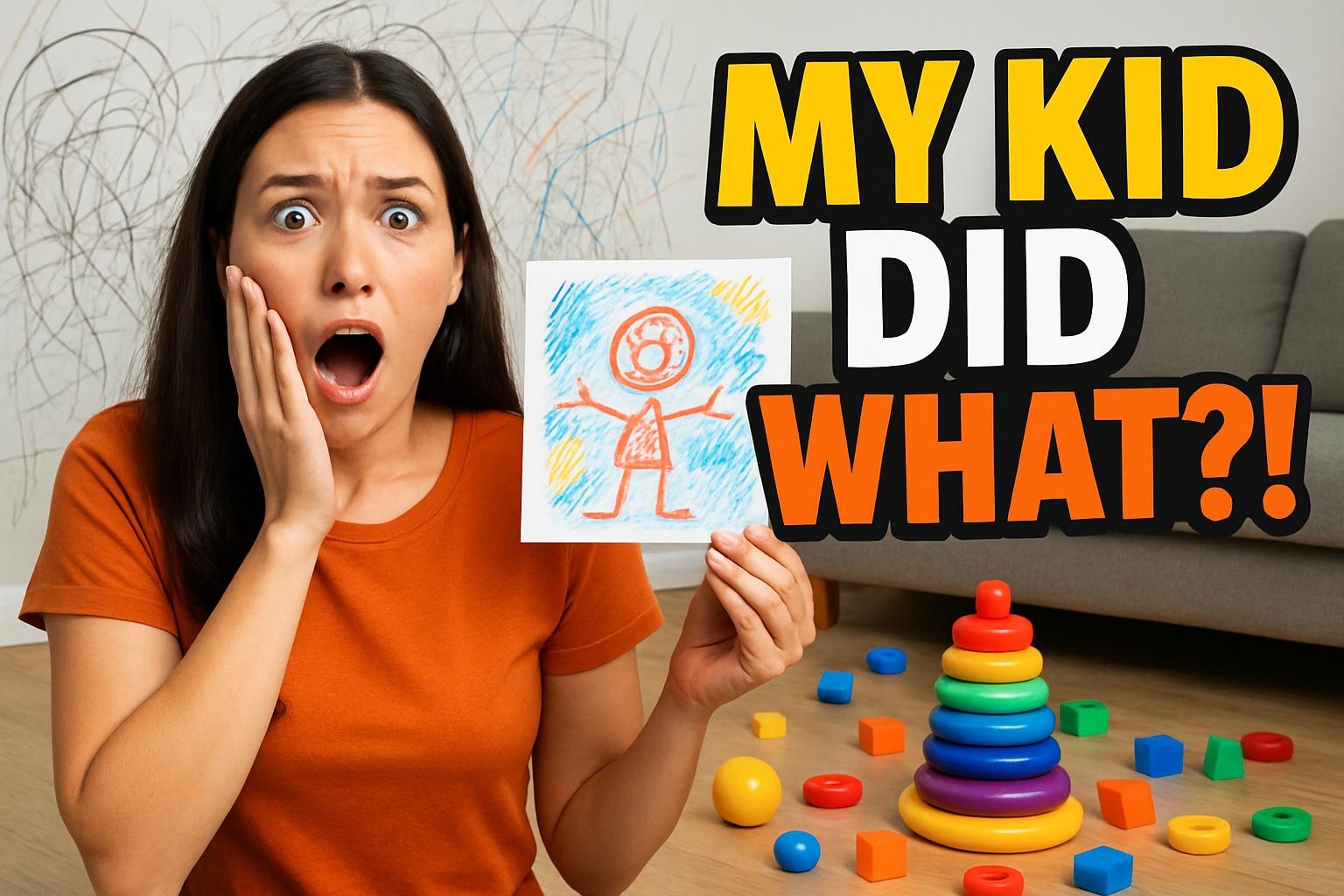 Surprised Woman Holding Child's Drawing in Playroom Setting Social Media Post