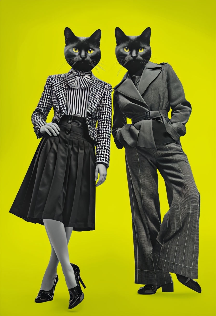 Surreal Collage of Fashionable Cat Figures on Chartreuse Background Art