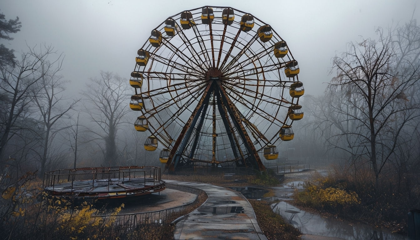 Haunting Abandoned Amusement Park with Rusty Ferris Wheel Art