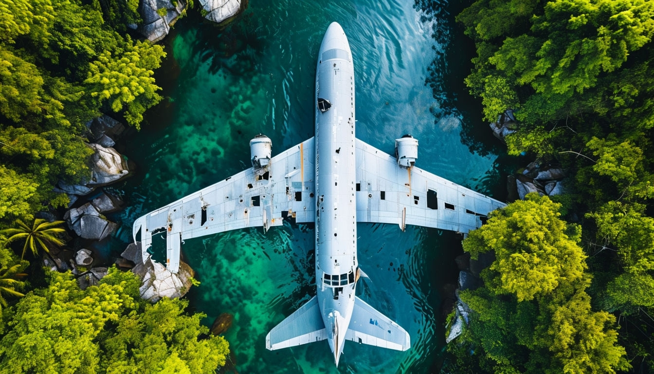 Abandoned Airplane in Tropical Forest Aerial View Background